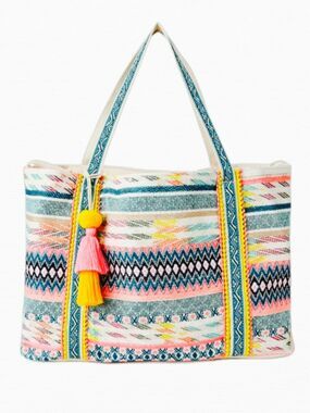 Women's Woven Beach Tote Bag bright multi with Tassels